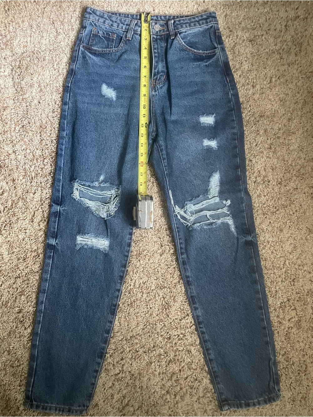 SHEIN Dark Blue High-Rise Distressed Mom Jeans